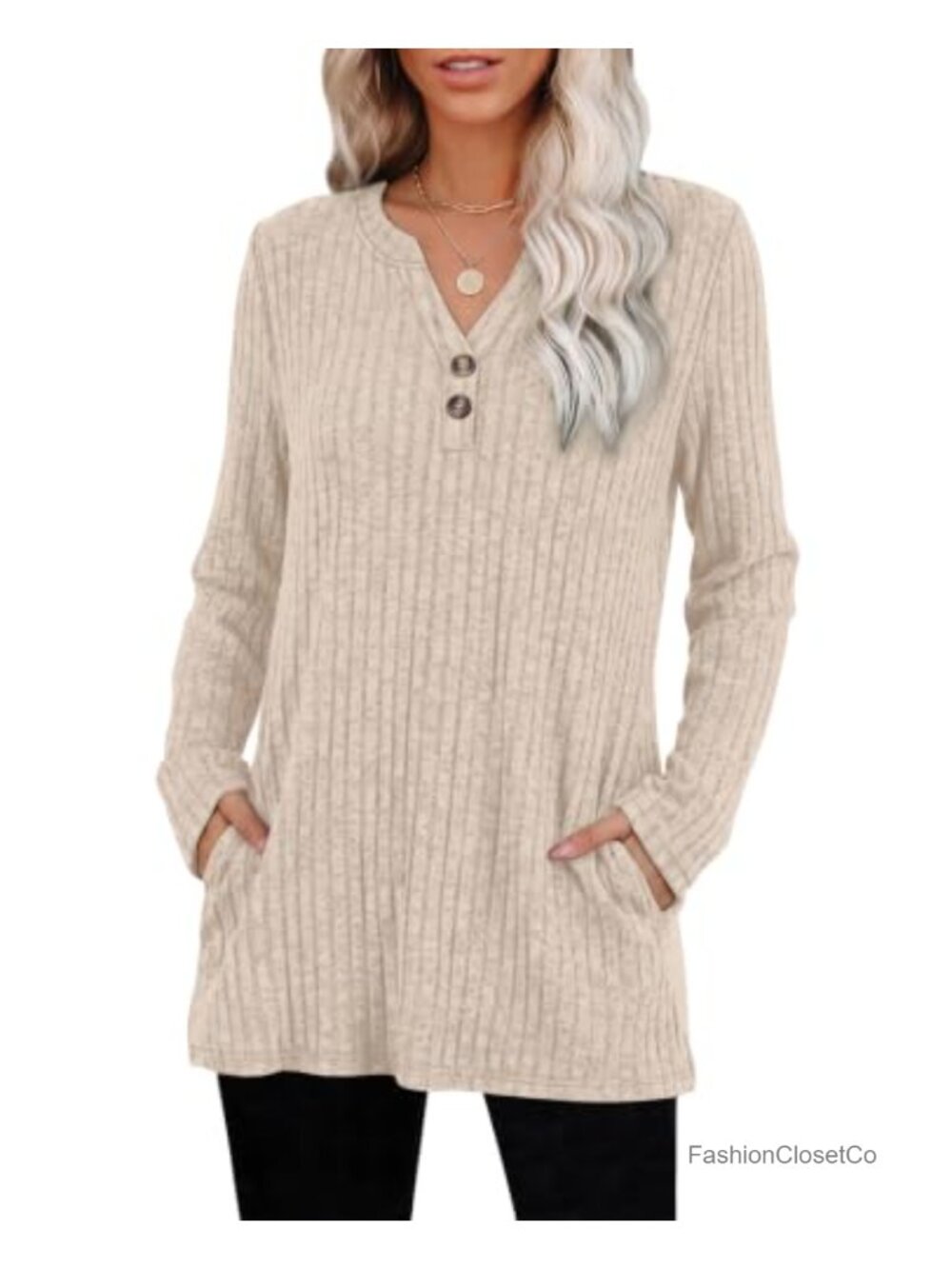 Women's Long Sleeve Tunic V-Neck Loose Fit Blouse with Pockets